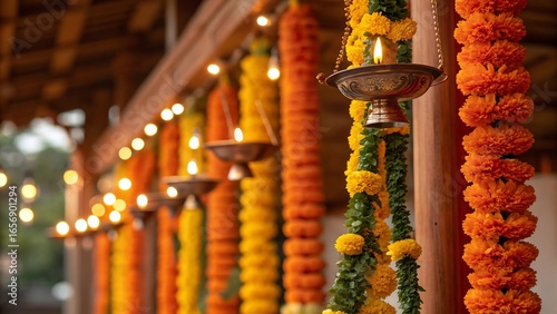 Vibrant marigold garlands and diyas decorate an outdoor venue