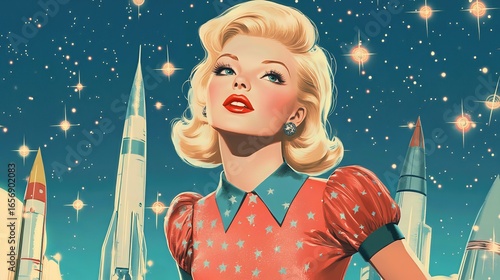 woman looking towards rockets launching into space stylish retro illustration. A vibrant and hopeful image.