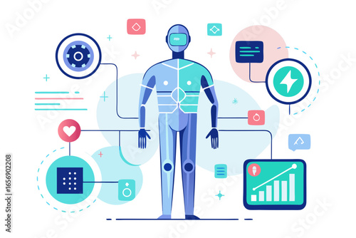 Innovative robot human anatomy concept showcasing smart technology integration and data analytics for future advancements and health monitoring