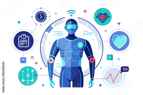 Futuristic AI humanoid robot embodying advanced health monitoring and data analysis with integrated biometric sensors and digital interfaces for cutting-edge medical technology and wellness insights