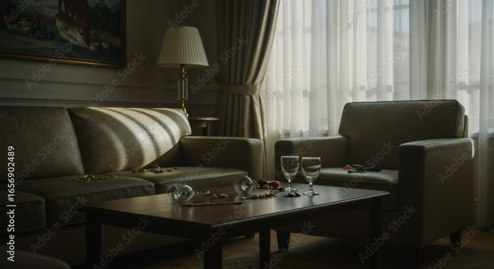 Fototapeta premium Cinematic wide shot of a luxurious empty living room the morning after a grand party, sunlight streams through curtains, revealing empty glasses and disarray, a single forgotten necklace on the sofa, 
