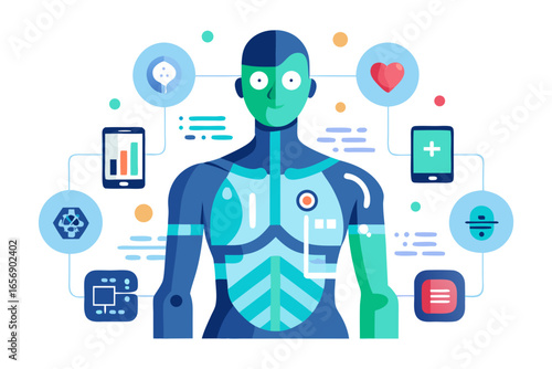 Futuristic human anatomy concept with digital health data integration and biometric monitoring, showcasing advanced medical technology for future wellness and personalized healthcare solutions.