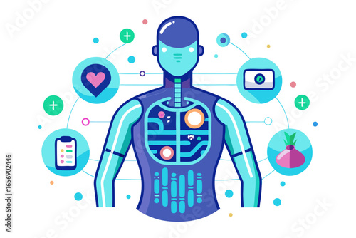 Futuristic human anatomy visualization with integrated health and technology icons, showcasing medical innovation and digital wellness for modern healthcare and biotech concepts.