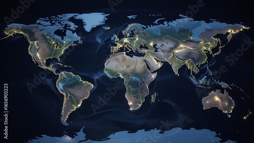 Illuminated world map at night showing brightly lit cities and continents against a dark background