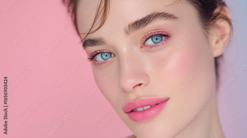 Close up portrait of young woman with flawless skin, bright blue eyes, and soft pink makeup. background features gradient of pastel colors, creating fresh and vibrant atmosphere Close up portrait of young woman with flawless skin, bright blue eyes, and soft pink makeup. background features gradient of pastel colors, creating fresh and vibrant atmosphere