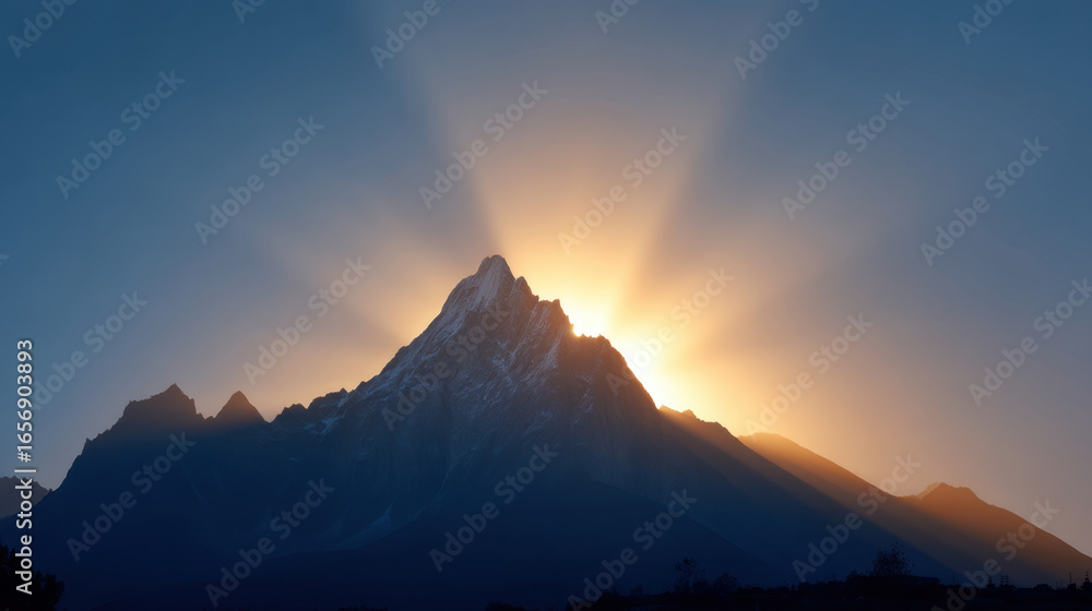 Obraz premium Majestic mountain peak illuminated by stunning sunrise, casting rays of light across landscape, creating serene and breathtaking atmosphere