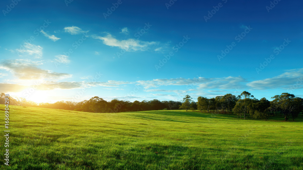 Obraz premium Serene landscape featuring vast green field under clear blue sky, illuminated by warm glow of setting sun. scene evokes sense of tranquility and natural beauty