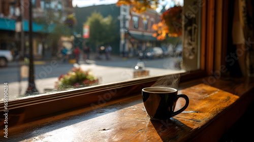 Fototapeta Naklejka Na Ścianę i Meble -  Steaming hot cup of coffee on a café table near a window looking outside onto a small town street activity