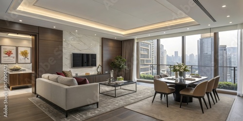 Wallpaper Mural City View Modern Living Room with Dining Area, Sofa and TV wall Torontodigital.ca