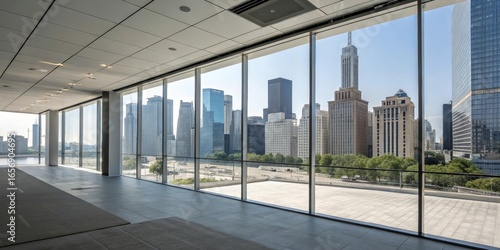 Cityscape View From Modern Office Window, River and Urban Scene