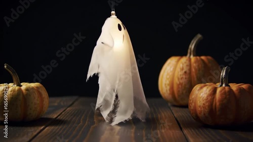 Glowing ghost decoration with pumpkins on a dark wooden table.
