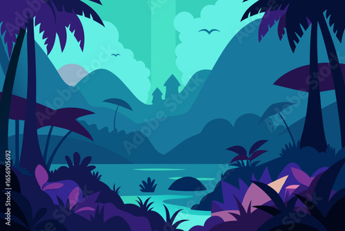 Mystical jungle landscape at twilight nature dusk