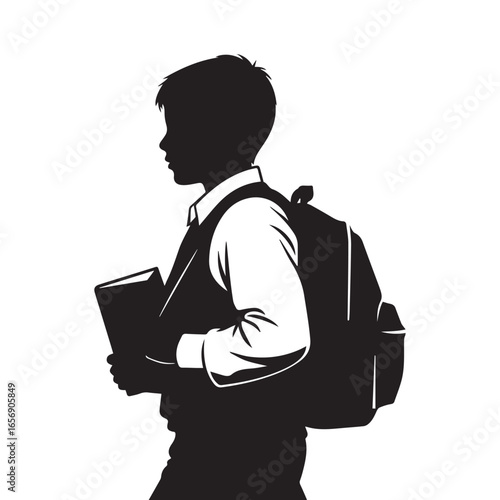 School boy silhouette with backpack and books, Vector silhouette of a schoolboy carrying books, Black and white silhouette of a young student