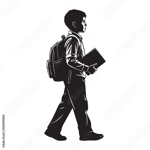 School boy silhouette with backpack and books, Vector silhouette of a schoolboy carrying books, Black and white silhouette of a young student