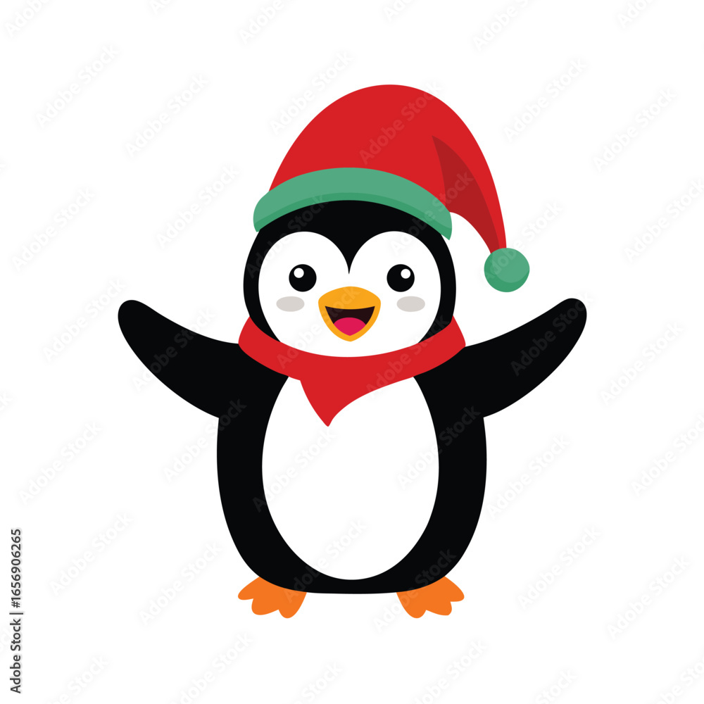 Obraz premium A cheerful cartoon penguin in a Christmas theme on a white background vector illustration