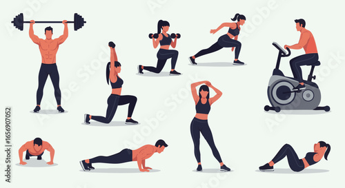 Diverse group of people engaged in various fitness activities representing healthy lifestyle and exercise routines for strength and cardio training at home