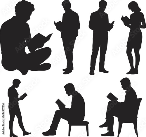Reading silhouette set, seated and standing pose, male and female figure, black vector illustration, book lovers, quiet moment, learning posture.