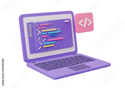 3d illustration of a laptop displaying code on screen with a pink coding icon, isolated on transparent background