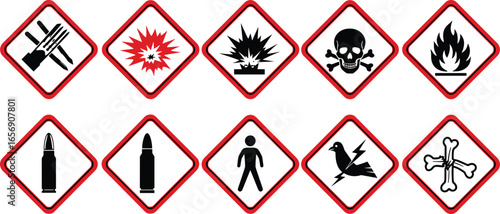 Hazard warning signs illustration, toxic flammable explosive danger symbols, safety caution icons, risk alert vector graphic