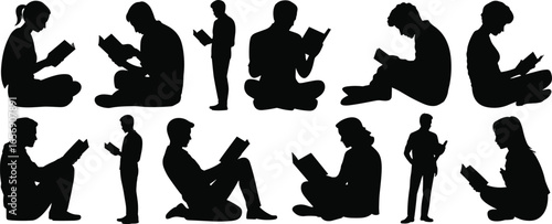 Reading people silhouette set, sitting and standing pose, book lovers, black vector illustration, education concept, quiet moment, learning posture.