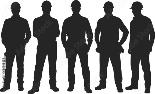 Construction worker silhouette set, standing pose, hard hat safety, black vector illustration, labor force, industrial staff, confident posture, job site.