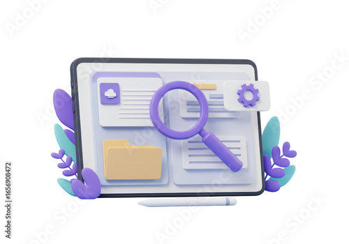 Wallpaper Mural 3d illustration of a tablet with a digital interface, showing files, folders, a magnifying glass, and a stylus, isolated on transparent background Torontodigital.ca