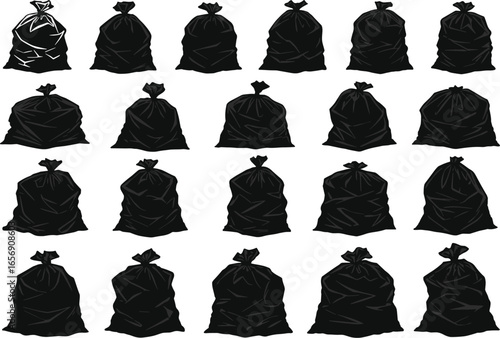 Dynamic vector illustration set of tied black garbage bags in various shapes and sizes, representing waste management and environmental cleanliness concepts, refuse collection.