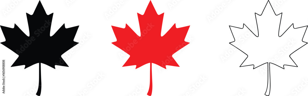 Maple leaf icon set, Canada national symbol, black red outline leaf graphic design illustration collection Maple leaf icon set, Canada national symbol, black red outline leaf graphic design illustration collection