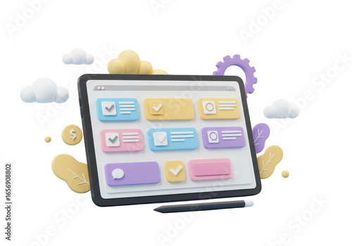 3d illustration of a tablet displaying a colorful user interface with various elements, isolated on transparent background