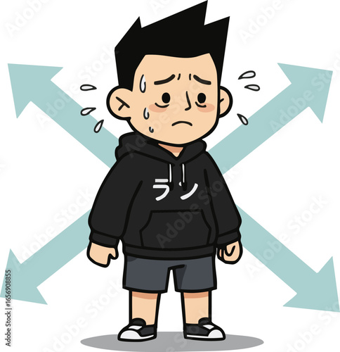 Cartoon boy in a black hoodie, sweating profusely, feeling distressed and overwhelmed by unseen forces.