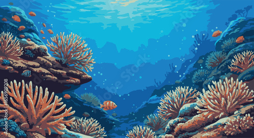Vibrant Coral Reef Ecosystem Underwater Scenery with Tropical Fish and Sunlit Ocean Surface Exploring Marine Biodiversity