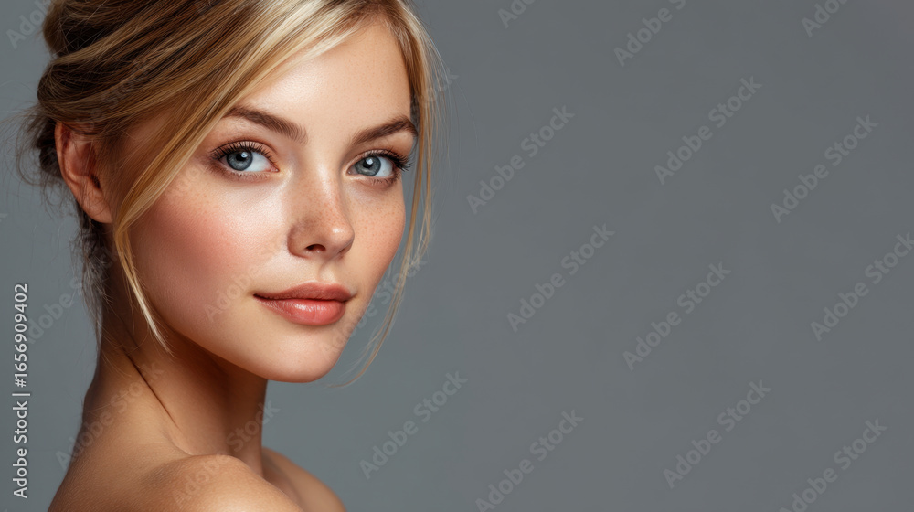 Fototapeta premium Young woman with blonde hair and blue eyes poses gracefully against neutral background, showcasing her natural beauty and flawless skin. Her expression is serene and inviting, highlighting her