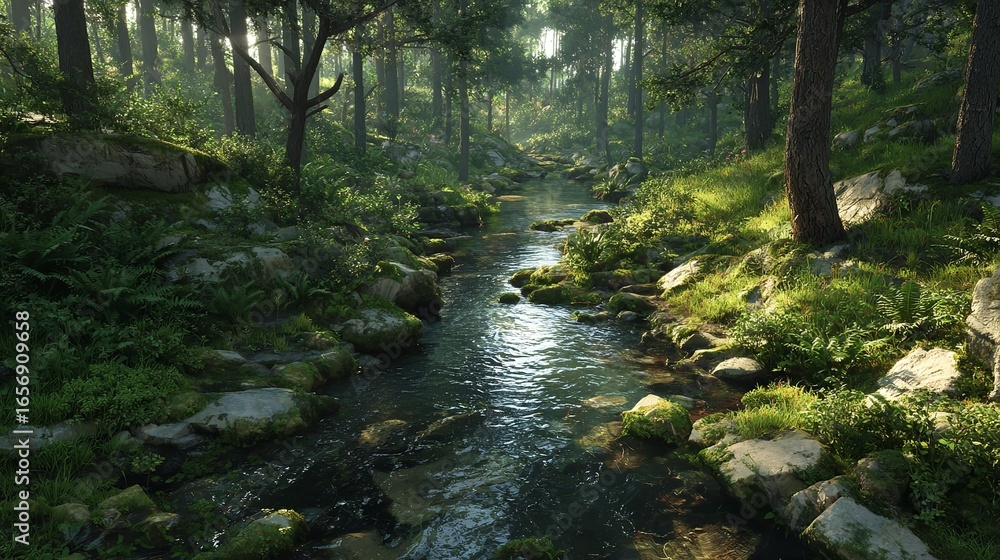 Obraz premium Low-Poly 3D Render of a Tranquil Stream Flowing Through Forest