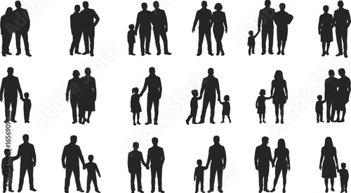 Family silhouette vector set, parent and child interaction, walking pose, emotional moment, black illustration, relationship scene, everyday life concept, bonding gesture.