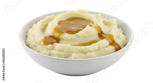 Bowl of mashed potatoes with gravy on transparent background