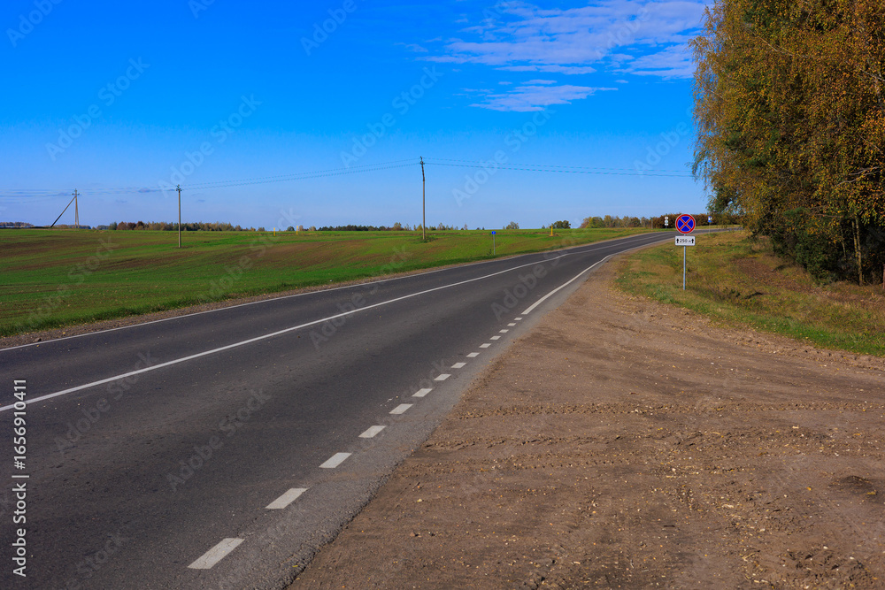 Fototapeta premium Autumn landscape, road and highway, asphalt and roadside.