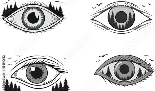 Four vintage hand drawn eyes detailed sketch style for mystical or occult themed designs vector