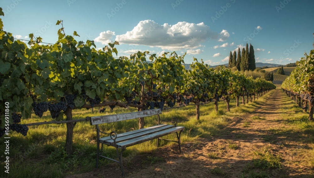 Fototapeta premium Bench in vineyard with rows of grape vines under a blue sky with white clouds in the countryside