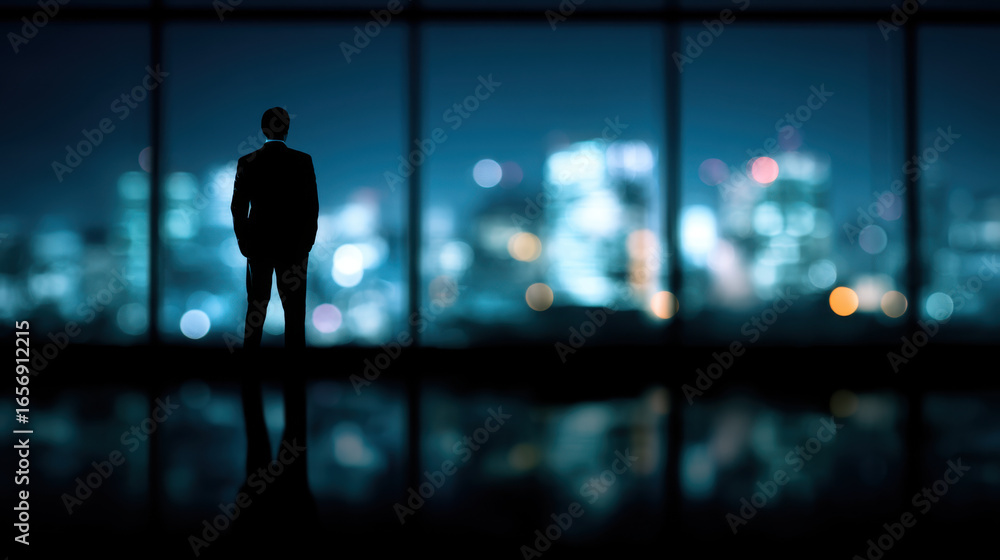 Fototapeta premium Silhouette of businessman stands against city skyline at night, reflecting determination and ambition. vibrant lights of city create dynamic backdrop, symbolizing opportunity and success