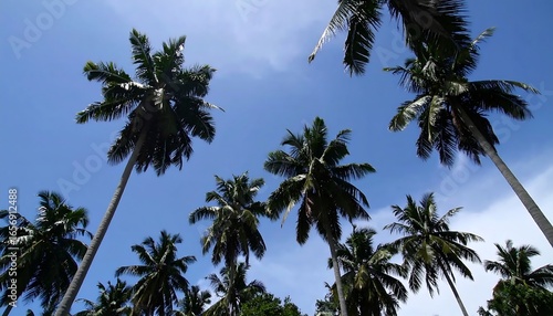 Palm trees against a bright blue sky.