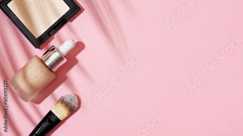 Slow rotation of makeup products for skin tone. Brush for foundation, bb cream, powder in a square case on a pink background top view with the shadow of swaying palm leaves