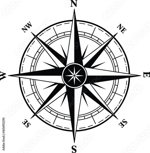Vintage compass rose illustration, nautical navigation symbol, wind directions, maritime map design, black and white graphic