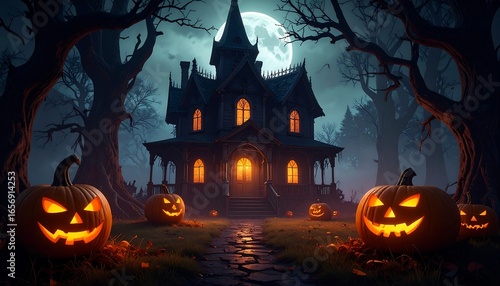 A spooky old house, lit by jack-o'-lanterns, stands in a dark autumnal forest under a full moon.