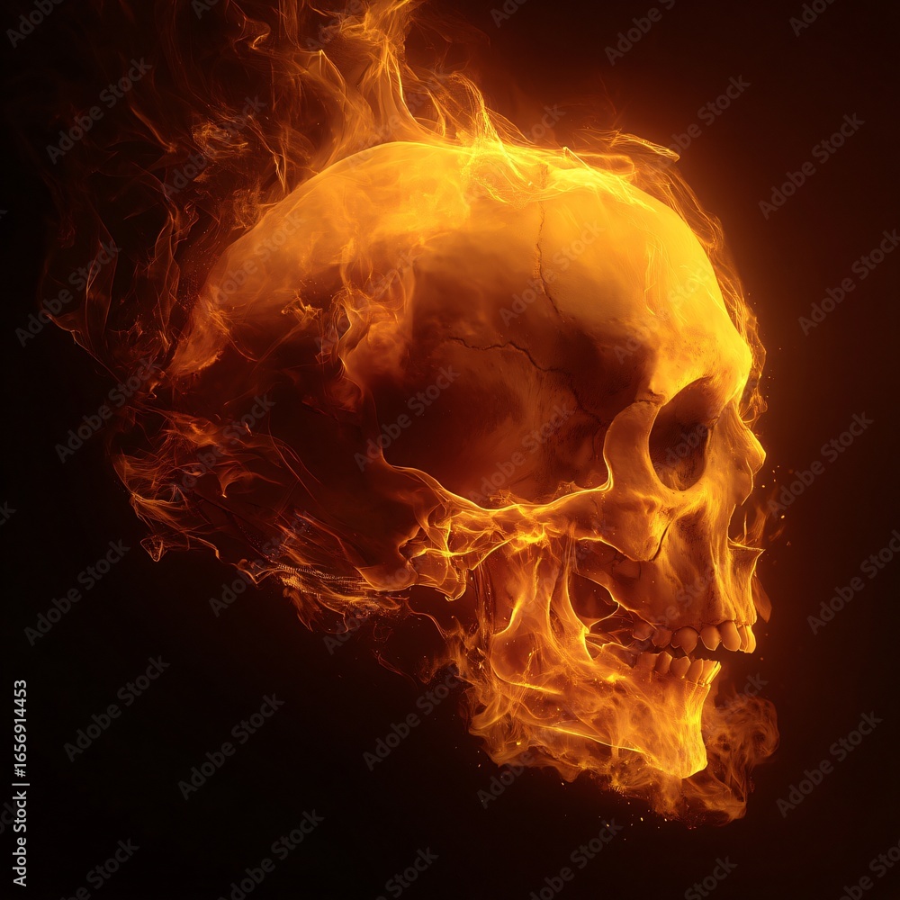 Fototapeta premium Burning skull with flames glowing on a dark background, Halloween design