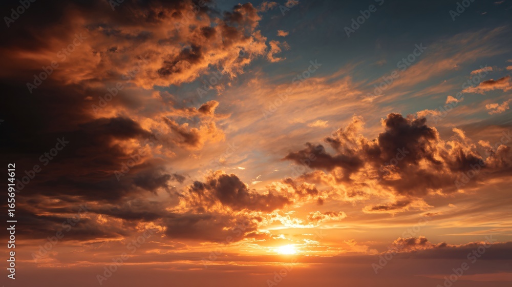 Fototapeta premium Vibrant sunset sky with dramatic clouds and warm golden light