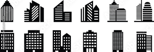 Black and white building icons set, modern and traditional architecture styles, vector silhouettes, urban skyline elements, construction, real estate design illustration