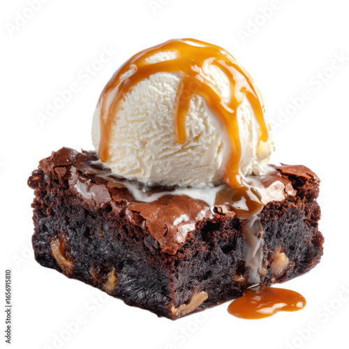 Slice of chocolate cake with ice cream and caramel drizzle