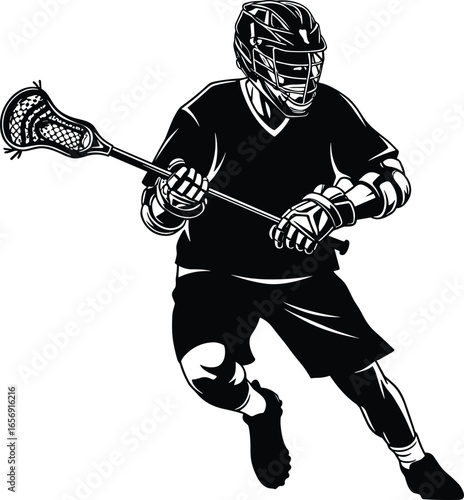 Lacrosse player silhouette, wearing helmet, protective gear, running action pose, holding stick, sports vector illustration, dynamic movement, competitive field game athlete design