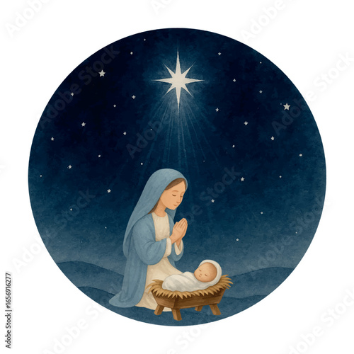 Vector Watercolor Nativity scene with Mary praying beside Baby Jesus in the manger under the shining Bethlehem Star. Perfect for Christmas cards, Christian art and festive decor