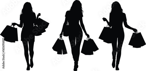 Three people silhouettes, walking with shopping bags, retail fashion vector illustration, consumer lifestyle concept, purchase design icons, black graphic art figures